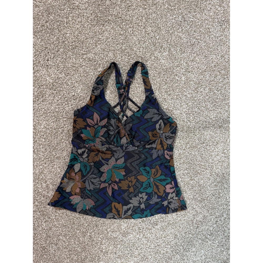 Prana Women 34D/S Tankini Swim Top Strappy Back Floral Geometric Print